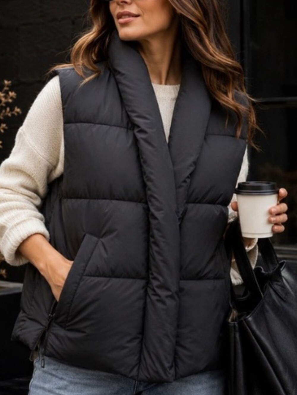 FRAME Black Oversized Sleeveless Puffer Vest Shawl Collar Size S